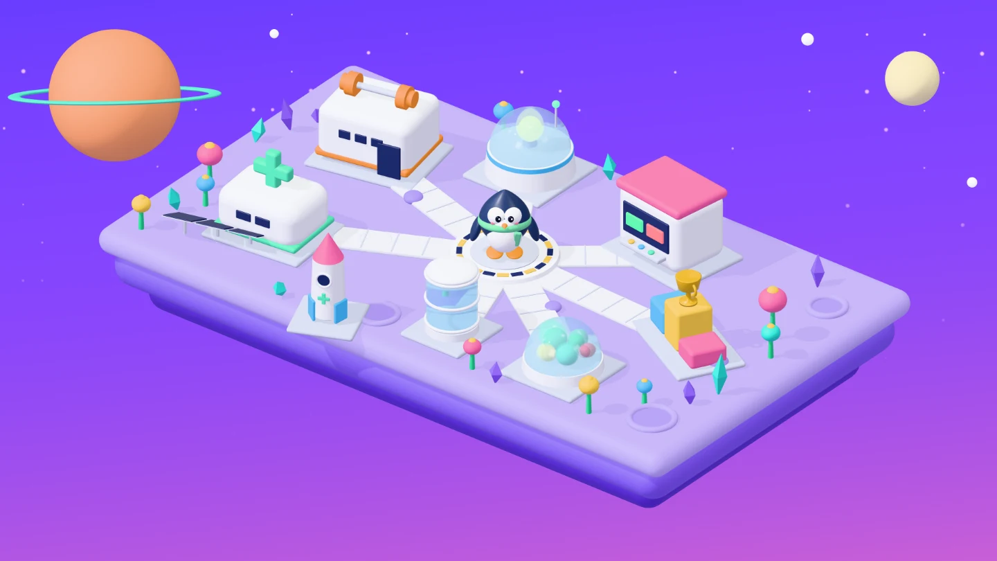 Pengu’s health station: a floating purple planet with a gym, a learning dome, an arcade, a league podium, a med-bay, a water tank, a greenhouse and a rocket, with Pengu on the landing pad in the middle.